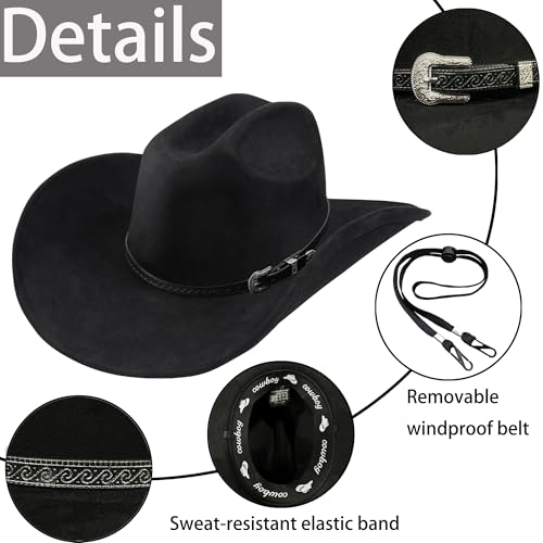 Western Cowboy Hat for Men Women,Shapeable Wide Brim Felt Fedora Classic Cowgirl Hats for Cowboys and Cowgirls,with bolo tie - color: Black-a, size: Medium-Large