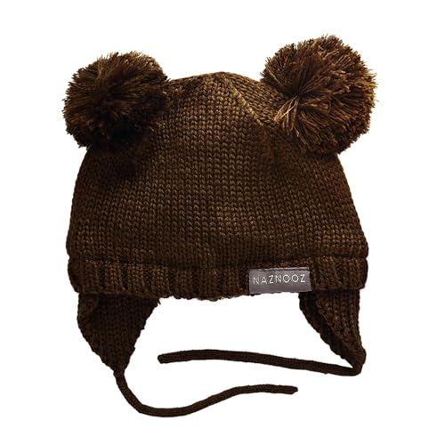 Knitted Colorful Double Pom-Pom Baby Hat and Mittens Set|Warm Winter Newborn Essentials for Boys and Girls 0-6 Months - color: Brown