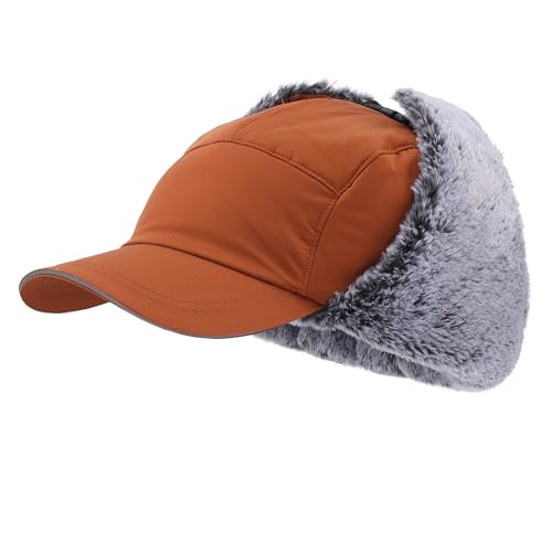 Home Prefer Waterproof Mens Faux Fur Trooper Trapper Hat Hunting Warm Winter Hat with Ear Flaps Visor Face Mask - color: Caramel Brown