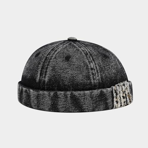 Unisex Washed Denim Distressed Rolled Cuff Brimless Docker Cap - color: Black