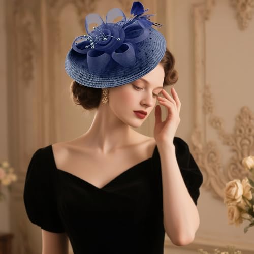 DRESHOW Fascinators Hat Flower Mesh Feathers Hat with a Headband and a Clip 7.9" Tea Party Headwear for Women - color: 1 Pack Folded Style 2: Navy / 7.9"