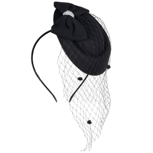 Fascinator Hat for Women Veil Fascinators Tea Party Wedding Retro Pillbox Hats for Cocktail Dresses Accessories - color: Black