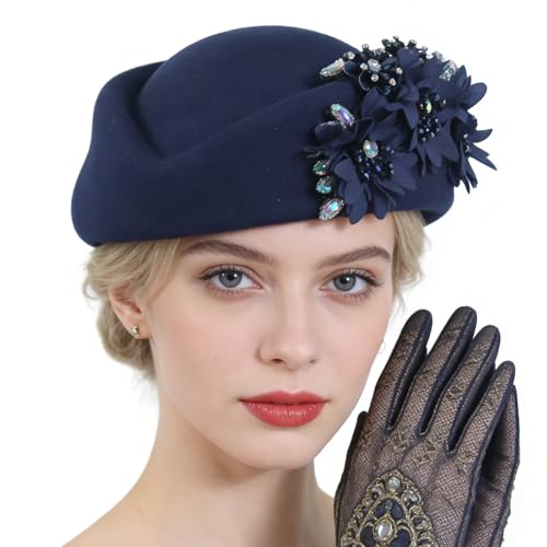 Women Vintage Church Hat Applique Felt Pillbox Hat Fascinator Tea Party Cap - color: Z5-navy Blue