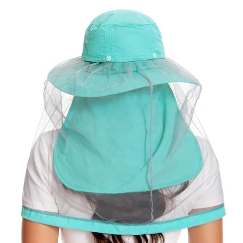 BASSDASH UPF 50+ Mosquito Sun Hat with Hidden Head Net and Neck Flap for Men Women Outdoor Fishing Hiking Camping - color: Turquoise