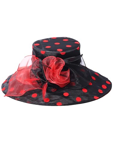 Organza Kentucky Dots Fascinator Hat for Women Ladies Wide Brim Big Sun Hats Wedding Church Hat Derby Cap - color: Black and Red