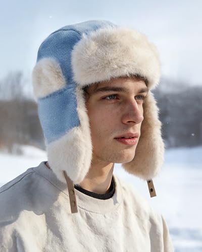 Croogo Cold Weather Eskimo Hats Trapper Hat Winter Thick Furry Ushanka Russian Hat Windproof Ski Trooper Hat with Ear Flap - color: Pl18-blue