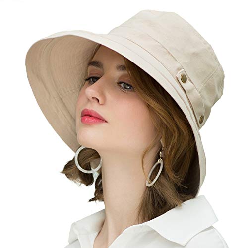 Womens Cotton Wide Brim Sun Hats UPF50+ UV Packable Beach Hat Summer Bucket Cap for Travel - color: Button Decoration-beige