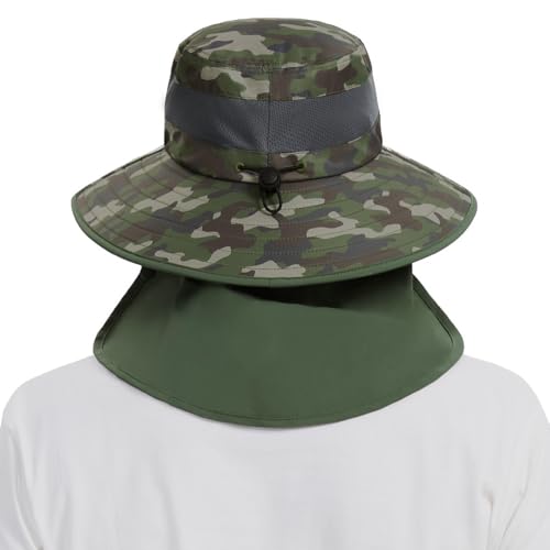 BASSDASH UPF 50+ Breathable Sun Hat with Removable Face Cover and Neck Flap Wide Brim Bucket Hat for Fishing Hiking Men Women - color: Army Green Camo/Army Green