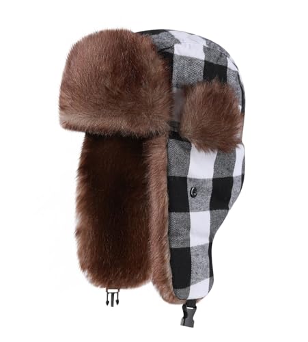 ASWER Trapper Warm Russian Trooper Hat Winter Skiing Cap Women Men Windproof - color: White(lattice)