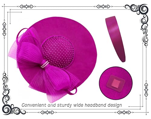 dressfan Wide Brim Fascinator Hats for Women,20s Linen Rhinestones Bow Big Hat for Derby Church Wedding Tea Party - color: Fushia