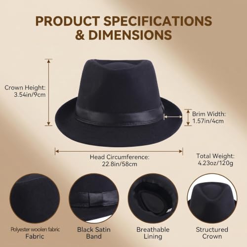 Unisex Trilby Fedora Hat Short Brim Panama Hat with Band Vintage Style Felt Derby Jazz Cap for Head Circumference 22.8inch - color: Black