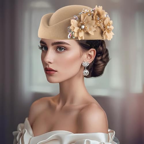Women Vintage Church Hat Applique Felt Pillbox Hat Fascinator Tea Party Cap - color: Z1-khaki
