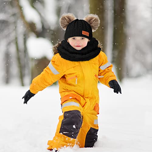 Kids Winter Beanie Hat Scarf Gloves Set,Toddlers Knit Winter Warm Double Pompom Cap Scarf Gloves for Girls Boys 1-5 Years Old - color: Black
