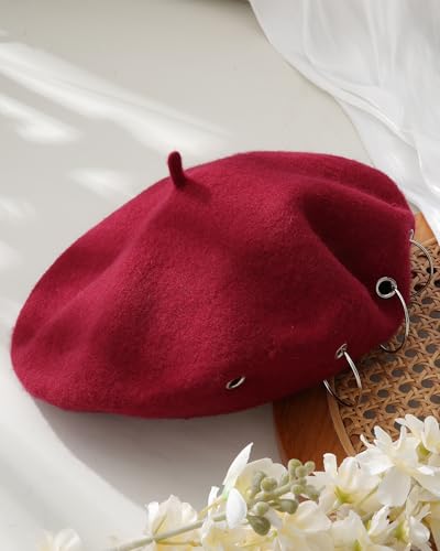 AWAYTR Punk Beret Hat for Women - 90% Wool Blend Goth Alt French Cap - color: Wine Red