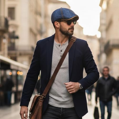 meioro Mens Denim Newsboy Hat 6 Panel Cotton Adjustable Flat Cap - color: Navy Blue