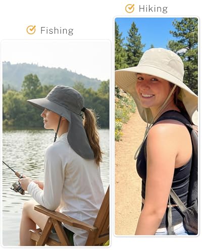 Women Sun Hats UV Protection Wide Brim with Bucket Ponytail Hole - color: Darkgray