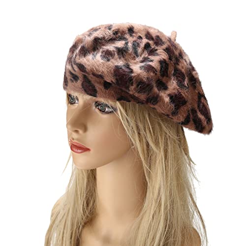 Fluffy Leopard Print Beret Hat Trendy Cheetah Pattern French Hats Winter Warm Artist Caps for Women Lady - color: Brown