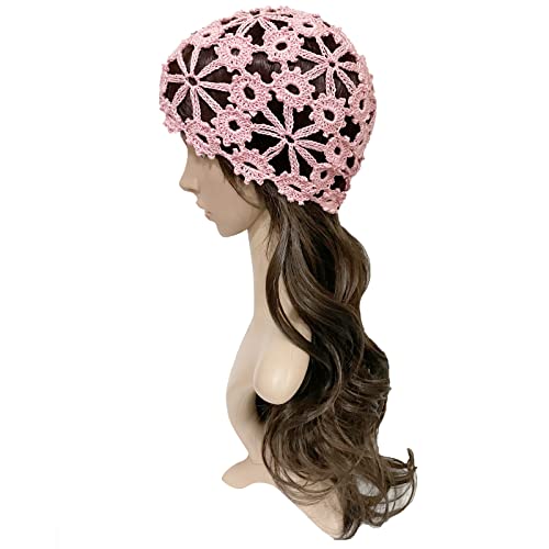 Women Lace Crochet Beanie Hat Handmade Knitted Cutout Floral Skull Cap - color: Pink