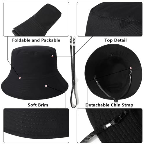 XXL Oversize Bucket Hat, Reversible Cotton Fisherman Hats, Unisex Double Side Wear Bucket Sun Hats with Chin Strap - color: Black-black, size: XX-Large