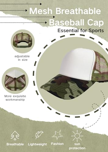 12 Pcs Sublimation Blank Trucker Hats Bulk Mesh Snapback Baseball Cap Mesh Trucker Caps for Men and Women DIY Custom Hats - color: Camo White