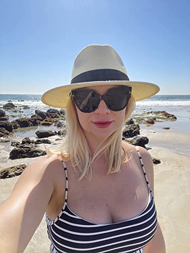 FURTALK Womens Mens Wide Brim Straw Panama Hat Fedora Summer Beach Sun Hat - color: Ae-beige 02, size: Large-X-Large