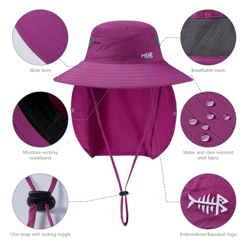 BASSDASH UPF 50+ Breathable Sun Hat with Removable Face Cover and Neck Flap Wide Brim Bucket Hat for Fishing Hiking Men Women - color: Purple Orchid