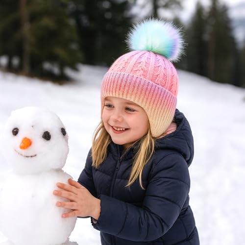 Toddler Earflap Beanie Hat with Rainbow Pom for Little Girls Knitted Beanies Kids Winter Skiing Caps Age 3-8 - color: Rainbow 02