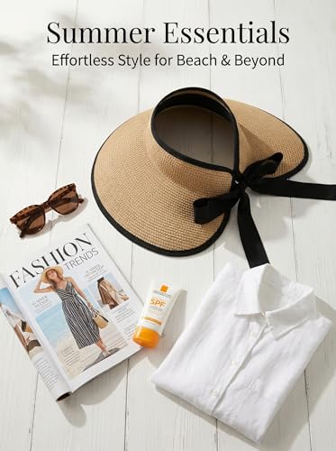 Sun Visor Hat for Women Wide Brim Ponytail Straw Hat UV UPF Summer Beach Vacation Packable Foldable Travel - color: Khaki With Black Piping