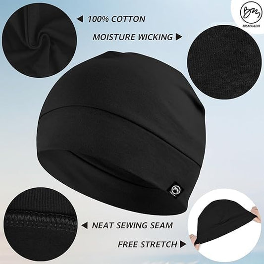 BISMAADH Cotton Skull Caps for Men and Women,2-Pack Lightweight Beanie Sleep Hats Breathable Helmet Liner Biking - color: Black & Mdg