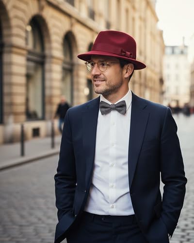 Fedora Hats for Men Women 1920s Short Brim Felt Trilby Hat - color: Wine Red