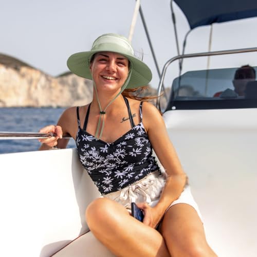 Bucket Sun Hat for Women Wide Brim Breathable Mesh UPF50+ Safari Hat Criss Cross Ponytail Hole Outdoor Rain Hat - color: Pea Green