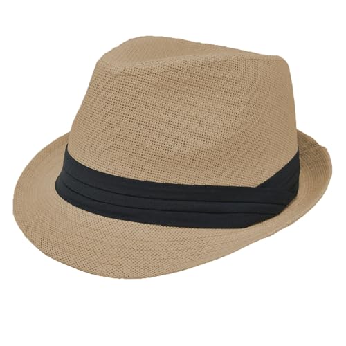 for Men Women Summer Fedora Panama Hat Trilby Cuban Straw Sun Hats Short Brim with Black Band - color: Beige, size: Small-Medium