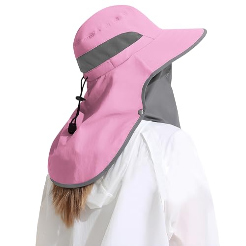 Outdoor Sun Hat Detachable Neck Face Flap UPF 50+UV Protection Visor Fishing Hats with Neck Flap for Men & Women - color: Pink