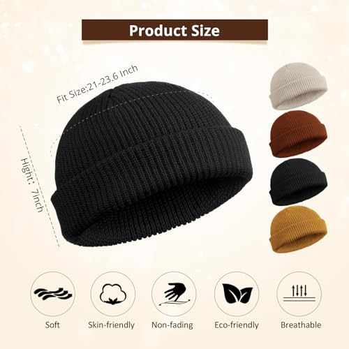 SATINIOR 4 Pieces Trawler Beanie Watch Hat Roll up Edge Skullcap Fisherman Beanie Unisex - color: Black, Khaki, Dark Caramel, Beige, size: One Size