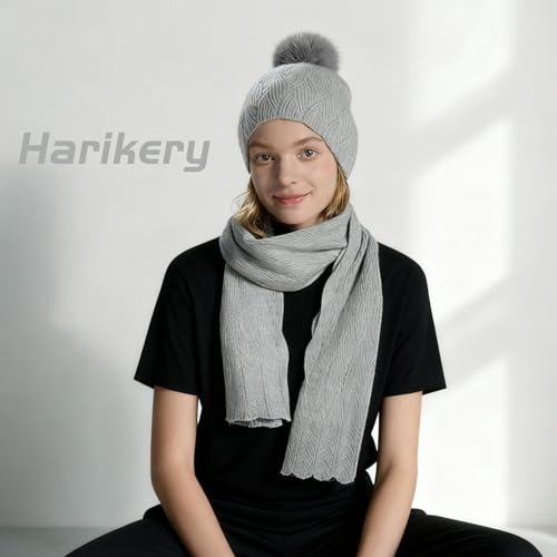 Knit Hat Scarf Set with Detachable Pom Pom, Wool Blend Winter Beanie & Long Scarf, Cold Weather Accessories for Women - color: Grey