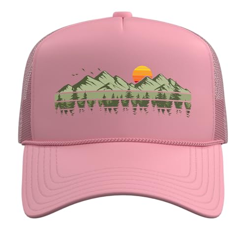 Trees Landscape Mountains Vintage Forest Trucker Hat with Adjustable Mesh Back - color: Pink