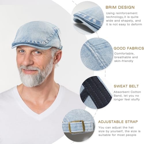 Mens Denim Cotton Newsboy Cap Ivy Gatsby Driving Hunting Cabbie Hat - color: Light Blue