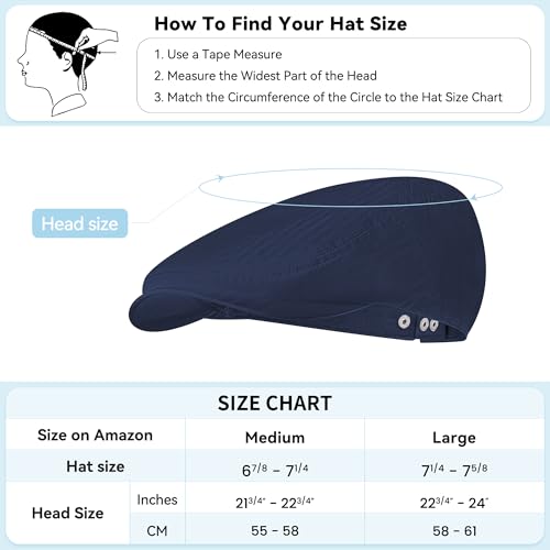 Men's Newsboy Flat Cap 100% Cotton Gatsby Ivy Golf Cabbie Hunting Summer Hat - color: Navy, size: Medium