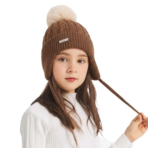 ZLYC Kids Girls Boy Winter Hat Cotton Lined Pom Pom Beanie Earflap Knit Cap - color: Solid Brown