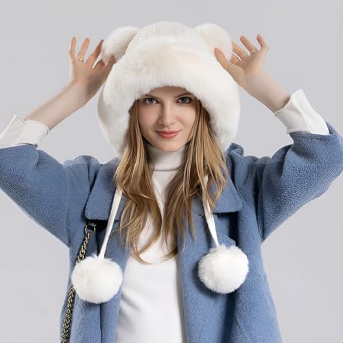 Women’s Winter Trapper Hat Knit Beanie with Pompom Fleece Lined Warm Ear Flap Hat Cute Faux Fur Snow Cap - color: B-white