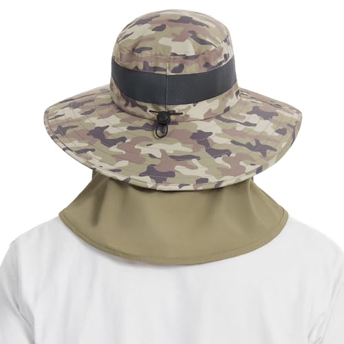 BASSDASH UPF 50+ Breathable Sun Hat with Removable Face Cover and Neck Flap Wide Brim Bucket Hat for Fishing Hiking Men Women - color: Earth Camo/Khaki