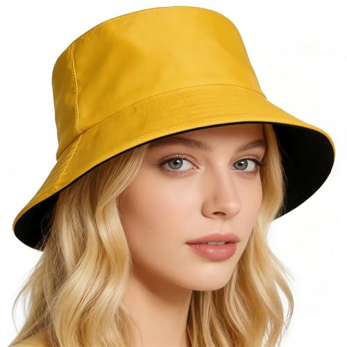 Bucket Hat for Men and Women 2-in-1 Reversible Sun Protection Fashion Flat Top Cap for Fishing Travel Beach Sports - color: Yellow-black