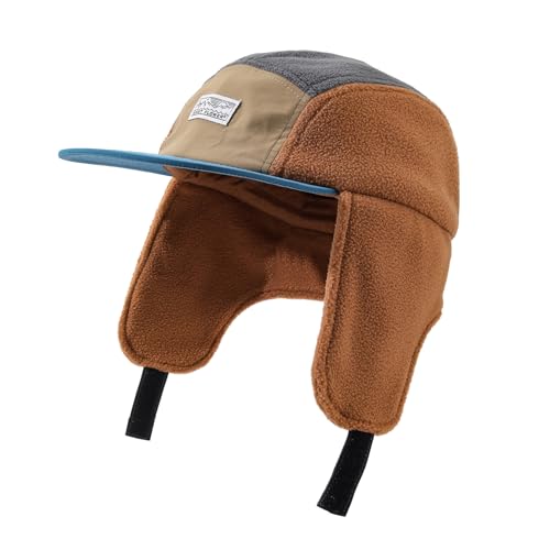 Retro Patchwork Polar Fleece Trapper Hat with Visor, Warm Winter Earflap Cap Flat Brim 5 Panel Baseball Ushanka Hats - color: Mg-lfm25128-camel
