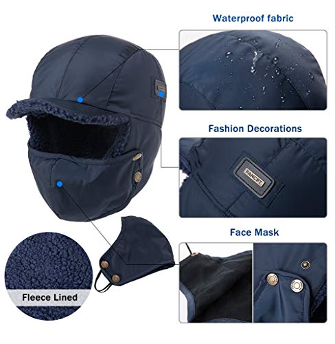 Oversized XL/XXL Waterproof Aviator Cap Faux Fur Earflap Mask Winter Trapper Hat Cold Weather - color: Navy(mask), size: Medium