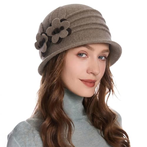 ZLYC Women Wool Cloche Bucket Hat 1920s Vintage Winter Hat with Flower - color: Daisy Coffee