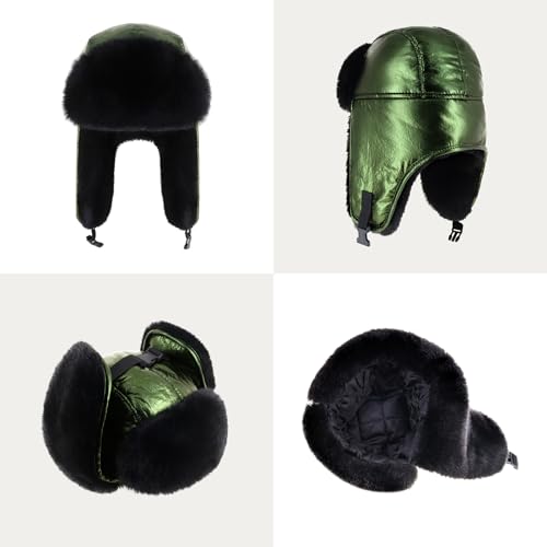 Waterproof Winter Trapper Ushanka Hat Ear Flap Chin Strap, Russian Style - color: Metallic (Green)