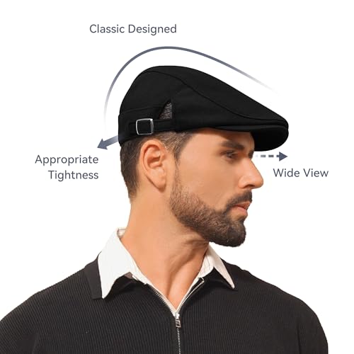 Newsboy Hat Cotton Adjustable Flat Caps Ivy Irish Gatsby Cap Cabbie Golf Hunting Hats for Men - color: Black