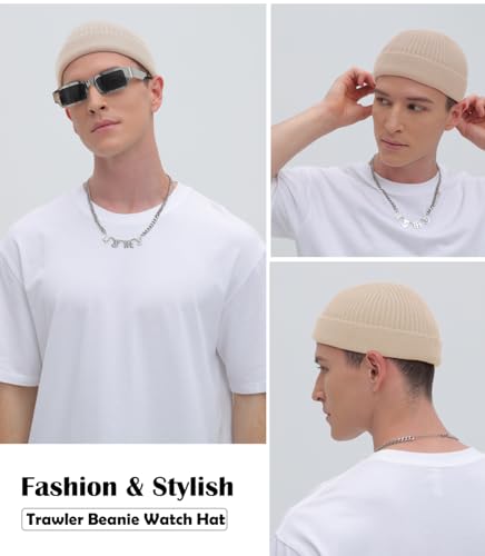 ROYBENS Thin Swag Wool Short Fisherman Beanie for Men Women Knit Winter Hat - color: 1pcs-beige