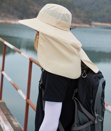 HUAMULAN Women Men Wide Brim Sun Hat Hiking Fishing Hats with Neck Flap - color: Beige With Mesh Panel