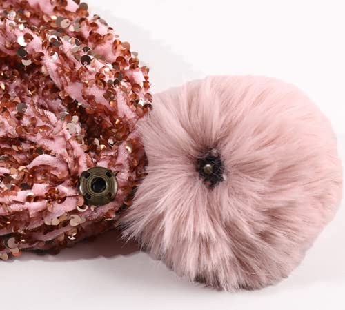 Women Girls Winter Sequin Beanie Hat with Faux Fur Pom Pom Knit Skull Cap - color: Pink